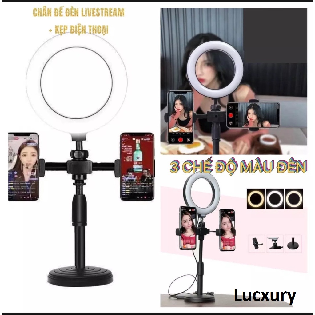 Đèn livestream Lucxury Tích Hợp 3 Chế Độ Màu, Giá đỡ kẹp 2 điện thoại quay video bán hàng, chụp ảnh make-up quay tiktok có thể xoay 360 thỏa thích.- Hàng chính hãng