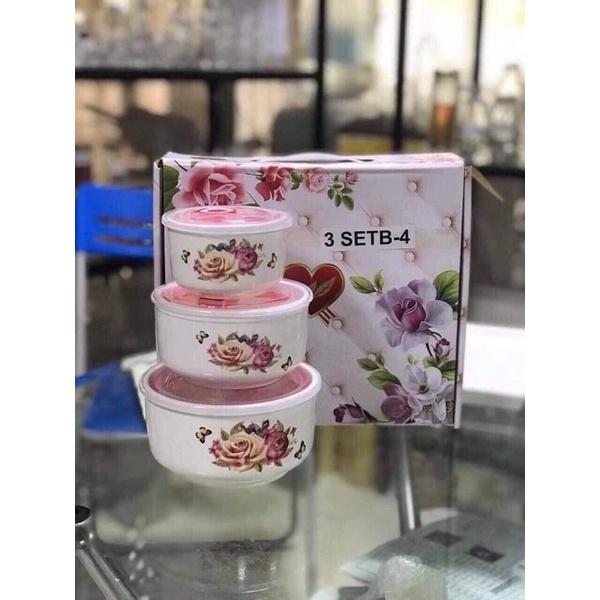Bộ 3 bát sứ có nắp hút chân không cao cấp bền đẹp, làm bằng sứ với lớp men trắng đẹp