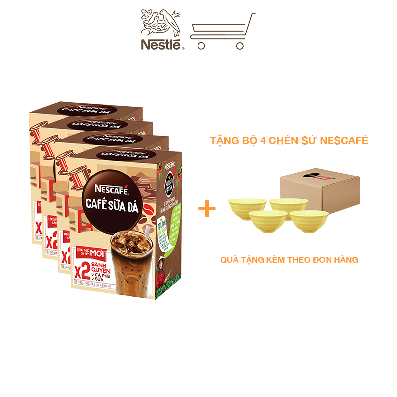 [Tặng bộ 4 chén sứ Nescafé] Combo 4 hộp cà phê hòa tan Nescafé 3in1 cà phê sữa đá (Hộp 10 gói x 24g)