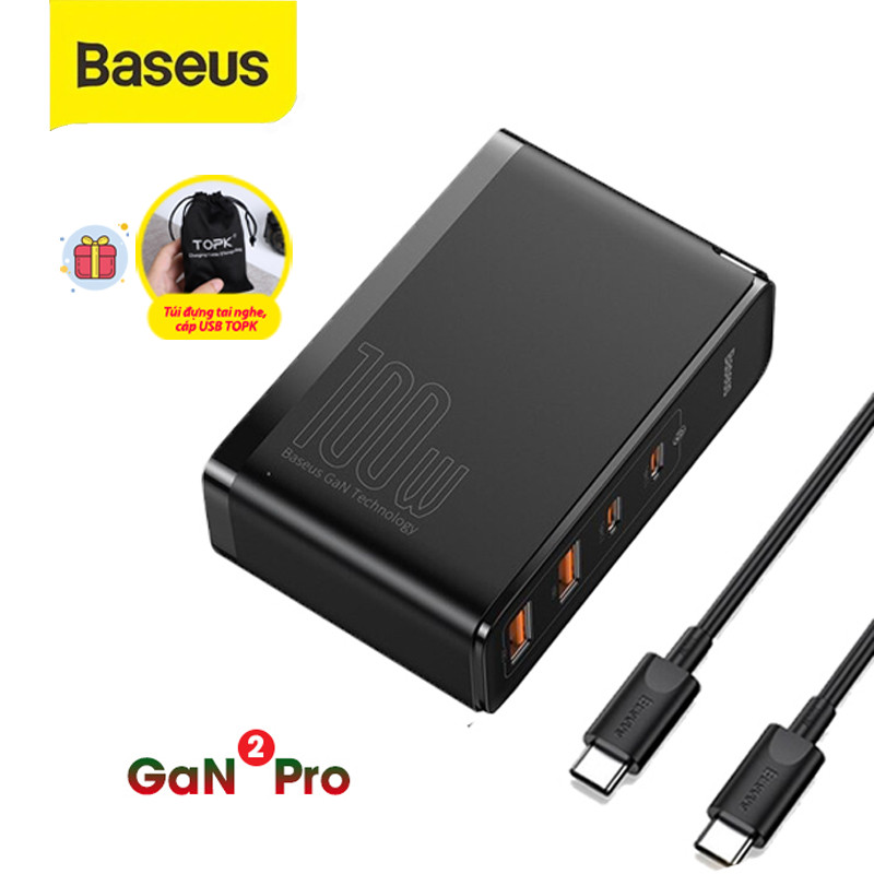 (Tặng kèm một túi đựng TOPK) Bộ sạc nhanh Baseus GaN 2 Pro 100W giao diện cổng USB, Type-C, USB -A , USB-C  QC3.0, QC4.0 cho điện thoại, laptop-Hàng chính hãng