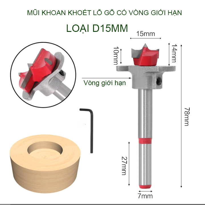 Mũi khoan gỗ lắp bản lề bật, khoan lỗ ốc cam, mũi khoan khoét gỗ có vòng giới hạn độ sâu cần khoan D15-35 tùy chọn