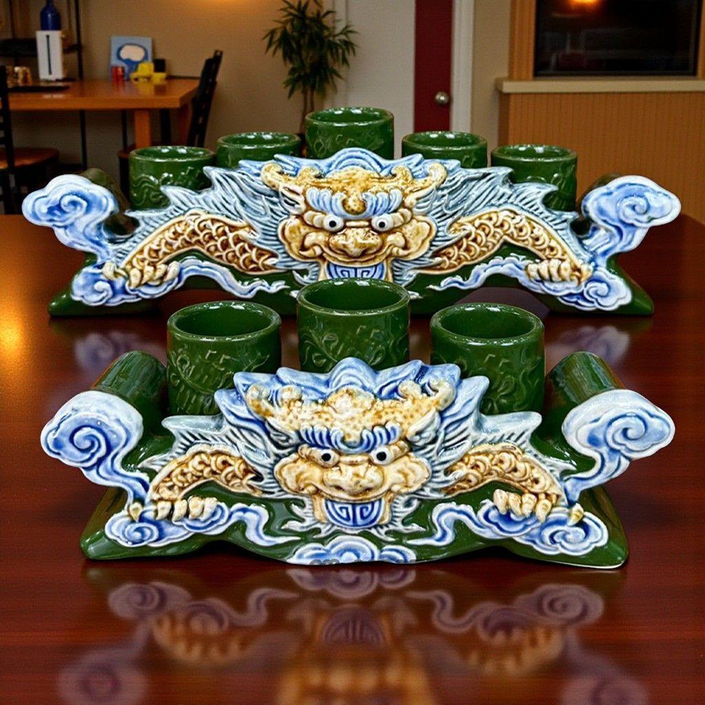 Bộ Kỷ Ngai Thờ Đắp Nổi RỒNG VIỆT Men Xanh Lá Cao Cấp - 3, 5 Chén gốm sứ Bát Tràng