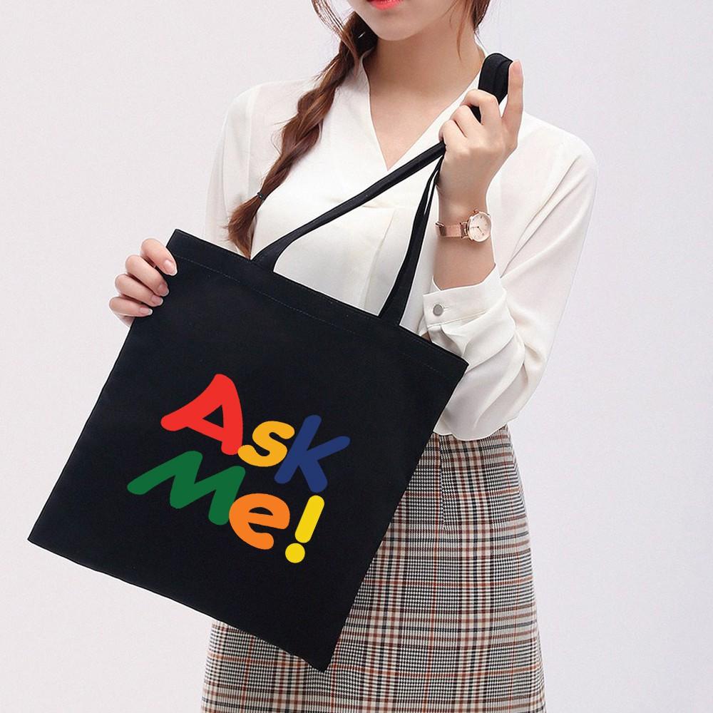 Túi Tote Vải Canvas Ginko kiểu basic có dây kéo khóa miệng túi đựng vừa laptop 14 inch và nhiều đồ dùng khác Phong Cách ulzzang Hàn Quốc In Hình Ask Me B24
