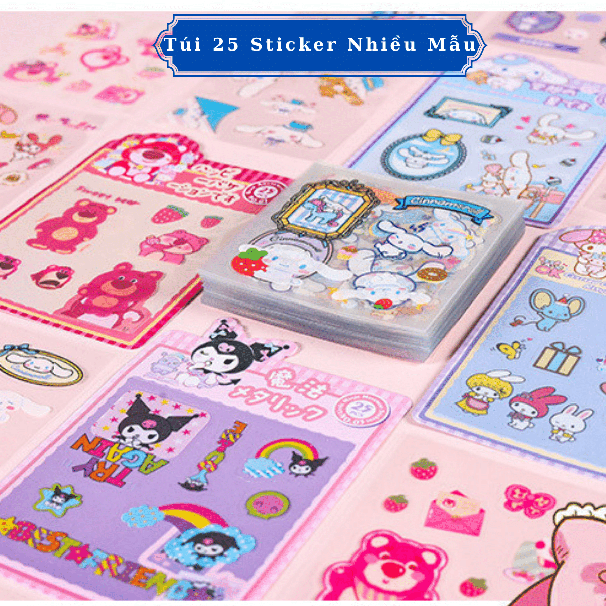 Túi 25 Tờ Sticker Sanrio, Gấu Dâu, Cinnamoroll, Thỏ Tai Hồng (Đã Cắt Sẵn)