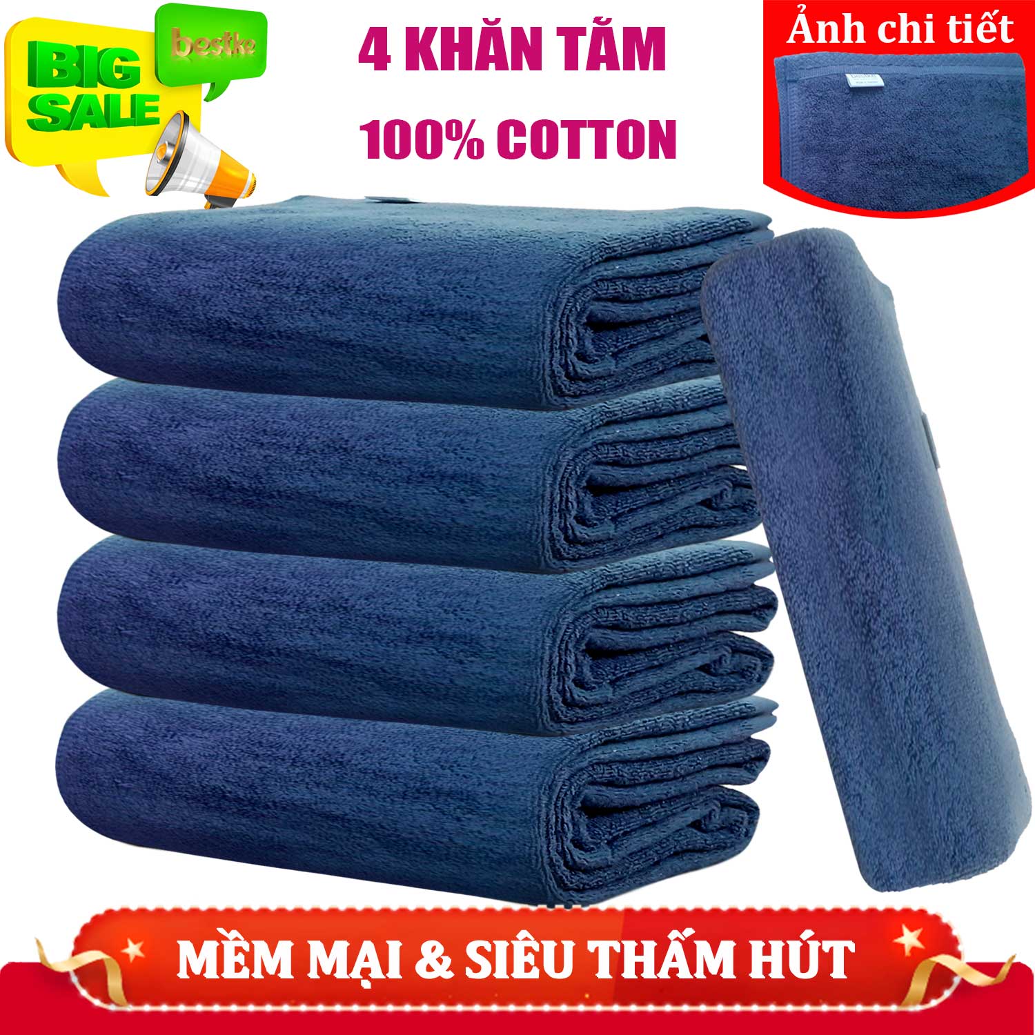 Khăn Tắm bestke 100% Cotton màu xanh đậm combo 5 cái size 120*60cm, trọng lượng 320g/pcs, cotton towels, manufacturer