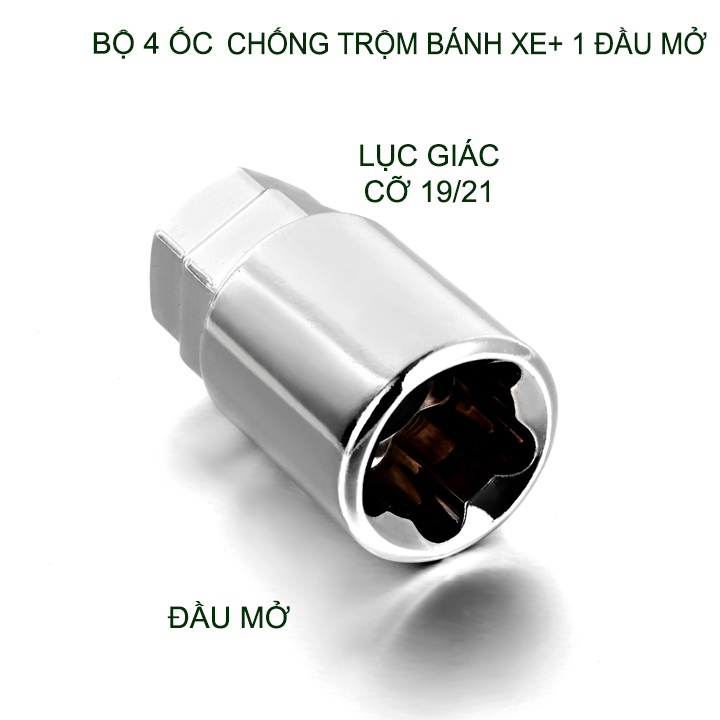 Combo 4 Đai ốc chống trộm bánh xe ôtô và 01 đầu khẩu mở, loại 12x1.5-12x1.25-14x1.5 tùy chọn