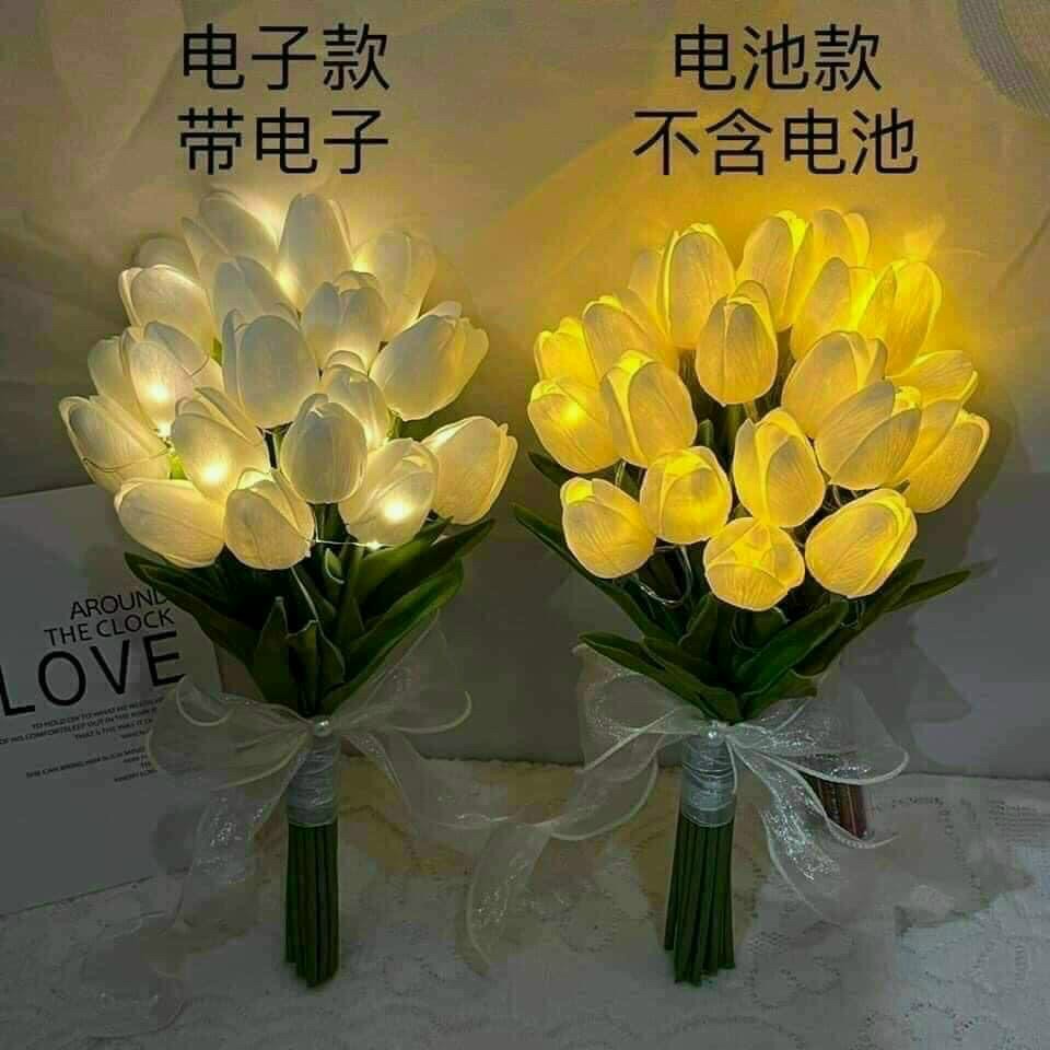 Bó 10 Cành Hoa Tulip Kèm Đèn Led Phát Sáng Hoa Cưới Hoa Lụa Giả Kèm Nơ Xinh Decor Trang Trí Nhà Cửa