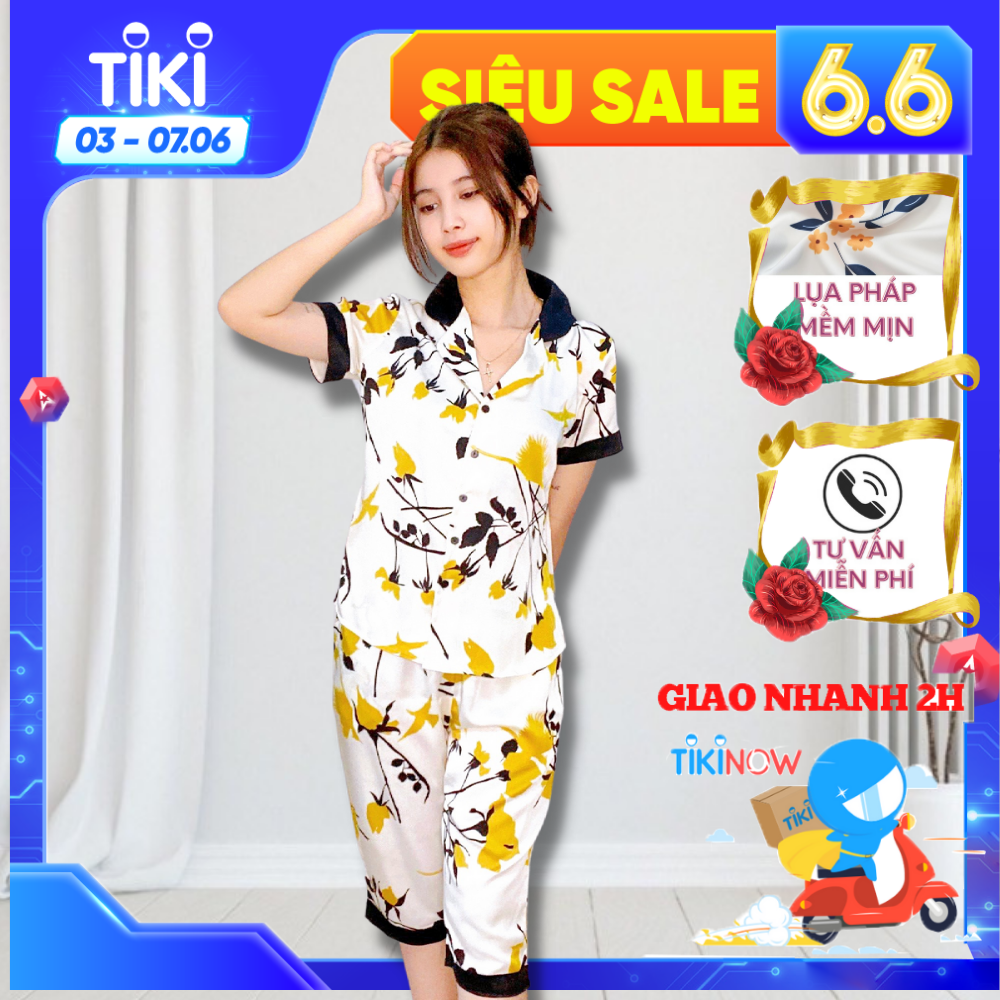Bộ đồ Pyjama nữ, đồ mặc nhà lụa VILADY - B144 Quần Lửng Tay Cộc Họa Tiết Chim Màu Vàng, chất liệu lụa Pháp (lụa latin)