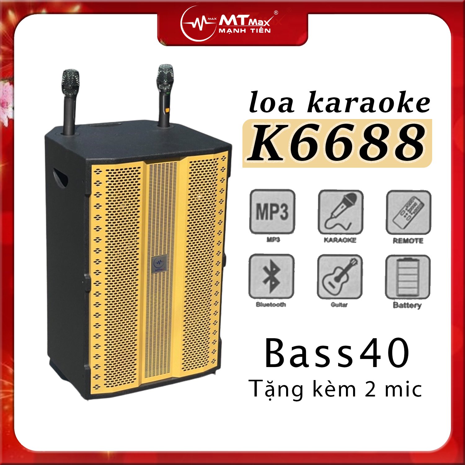 Loa kéo MTMAX K6688 bass 40 công suất lớn 4 tấc 1 mid 1 treble - Loa khủng long công suất theo nhà sản xuất đến 500W - Kèm 2 micro không dây UHF - Đầy đủ kết nối Bluetooth, AV, USB, SD card, TWS - Thùng gỗ cao cấp cho âm thanh mạnh mẽ, chân thực