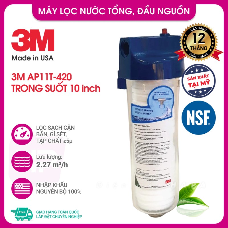 [MIỄN PHÍ LẮP ĐẶT] Máy Lọc Nước Tổng Đầu Nguồn 3M AP904, AP102T-420 (20 in), 3M AP11T-420 (10 in) - Công suất đến 378.541 Lít, Không điện-nước thải, Có bán đầy đủ lõi thay thế - Hàng Chính Hãng 3M