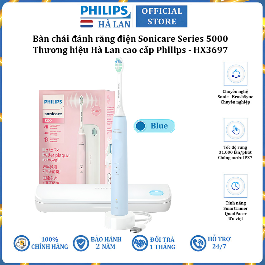 Bàn chải đánh răng điện rhương hiệu Hà Lan cao cấp Philips Sonicare Series 5200 HX3697 - 3 chế độ làm sạch - Hàng chính hãng