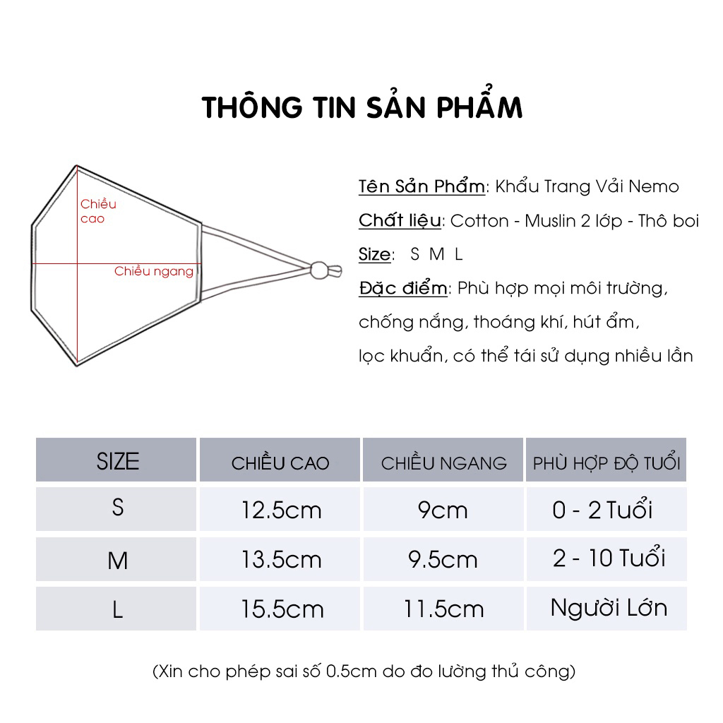 Khẩu Trang Vải Họa Tiết 4D Lọc Khuẩn, Chống Nắng, Phôm Đeo Thoải Mái Thoáng Khí Không Gây Mụn - Nemo Collection KTCT