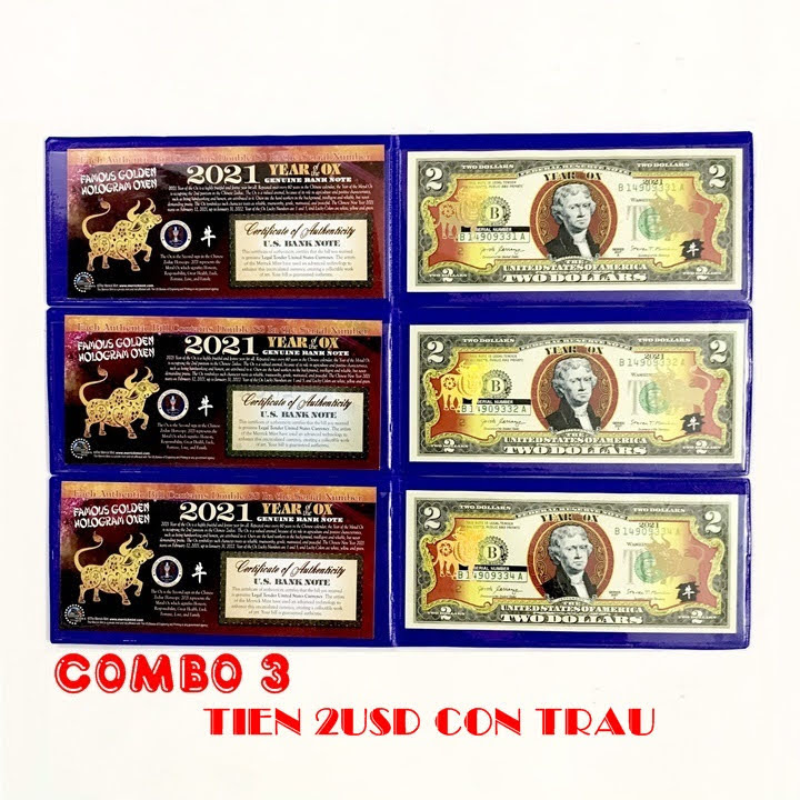 Combo 3 tờ 2 USD hình con Trâu mạ nhũ vàng 2021, dùng để sưu tầm, lưu niệm, làm tiền lì xì độc lạ, may mắn, ý nghĩa