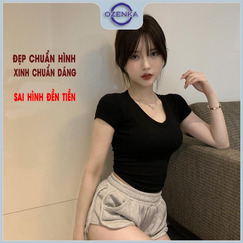 Áo croptop vạt bầu cổ tim tay ngắn ôm nữ ozenka , áo crt basic chất cotton màu đen trắng mặc đi học đi chơi dưới 55 cân