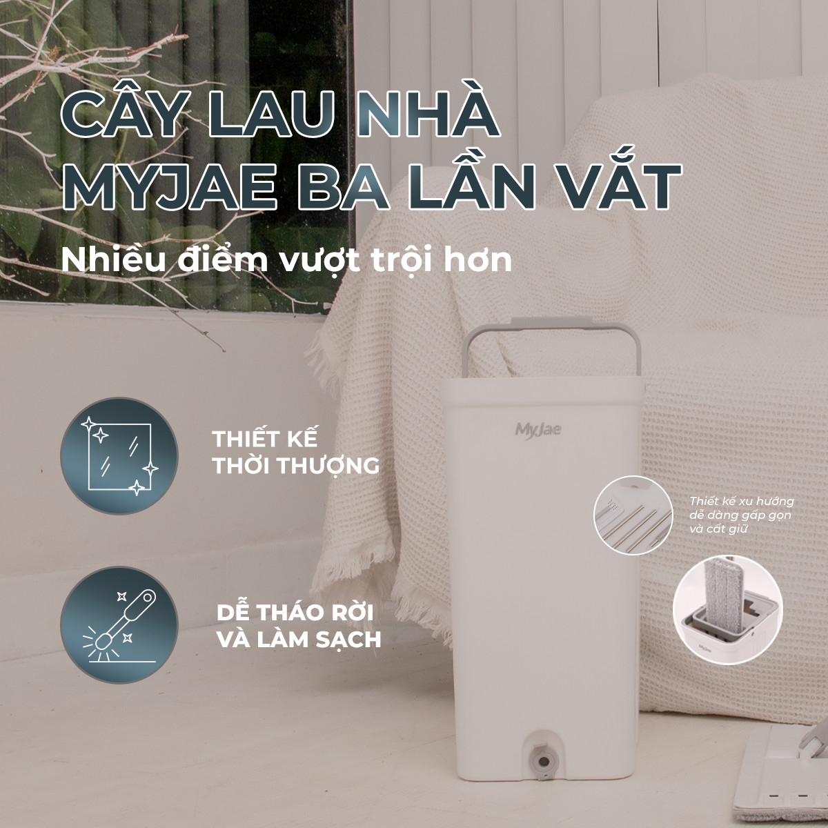 Combo 3 Bông Lau + 1 Bộ Lau Nhà MyJae Đài Loan Sợi Microfiber 2 Ngăn Tự Vắt Xoay 360 Độ Thông Minh 123cm