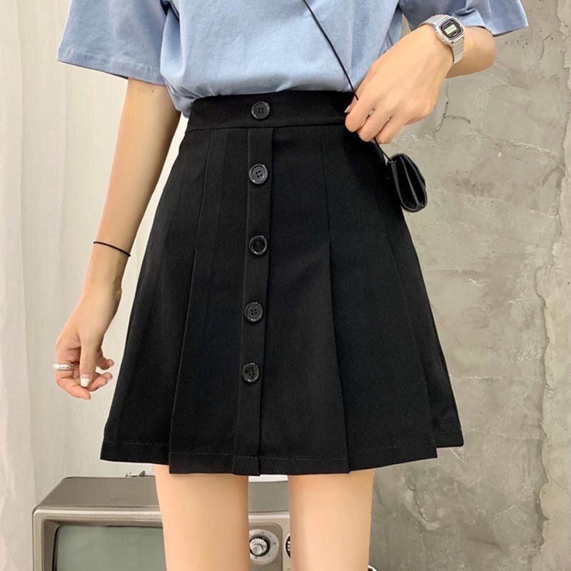 Chân váy nữ ngắn phối 5 khuy, vạt trước xếp ly, kèm quần trong chất tuyết mưa