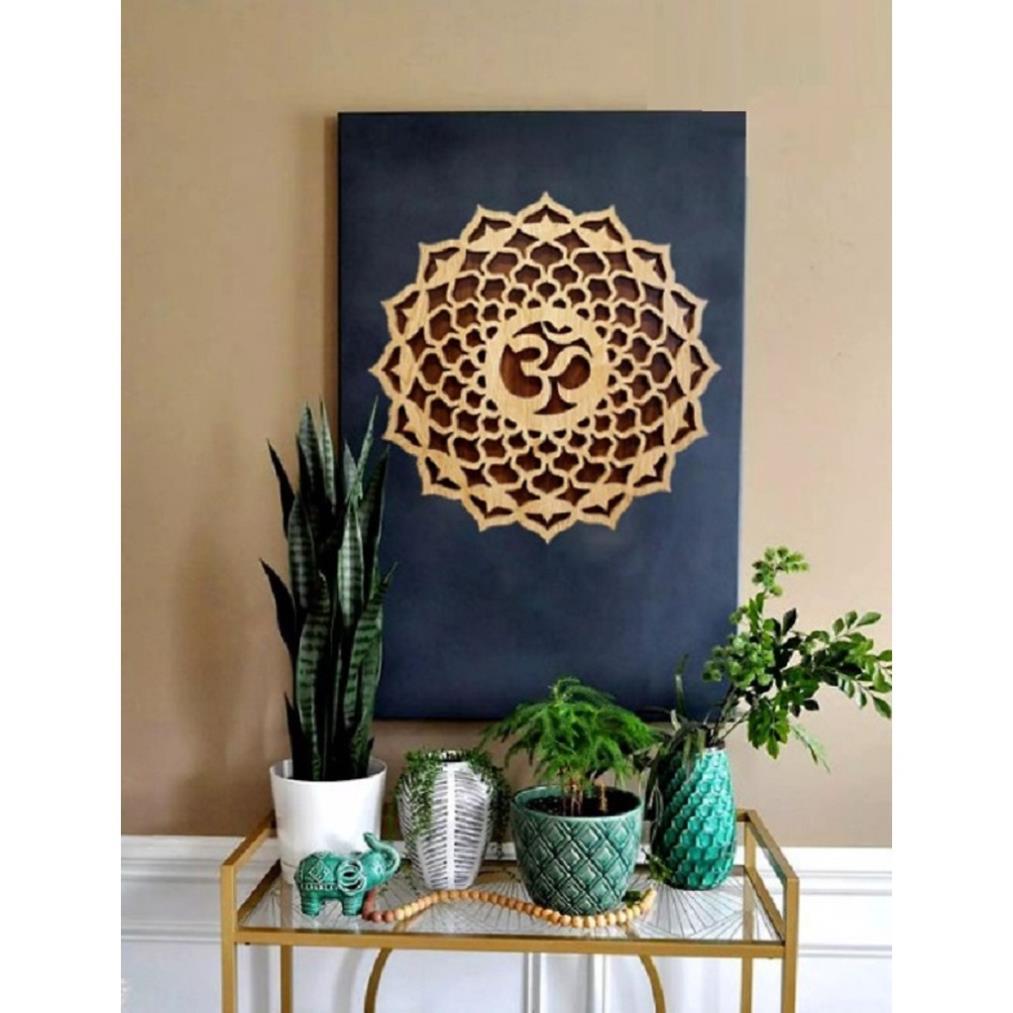 Tranh Gỗ Decor Hoa Mandala Chữ Om Treo Tường Phòng Thiền , Yoga ĐK40cm