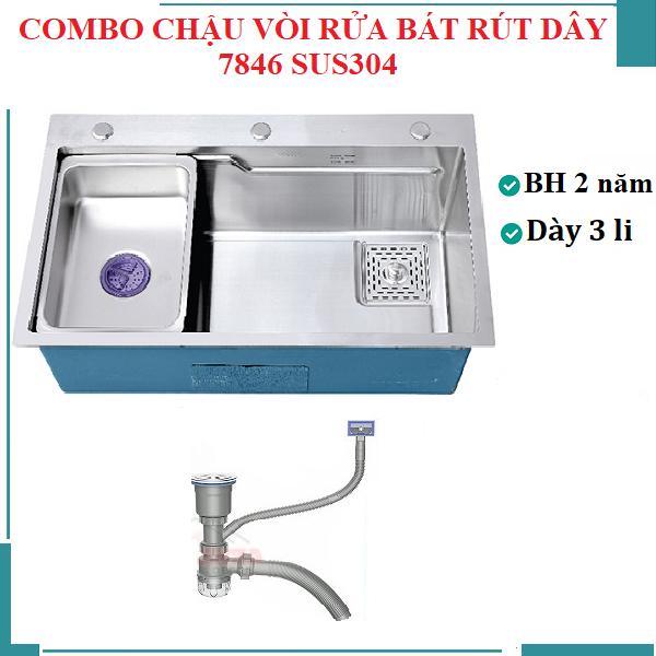 Combo chậu rửa chén 1 hố 7846 sus304 Valenza vòi rửa bát nóng lạnh dây rút 02 bộ xả khay inox bình rửa bát- Dày 3li