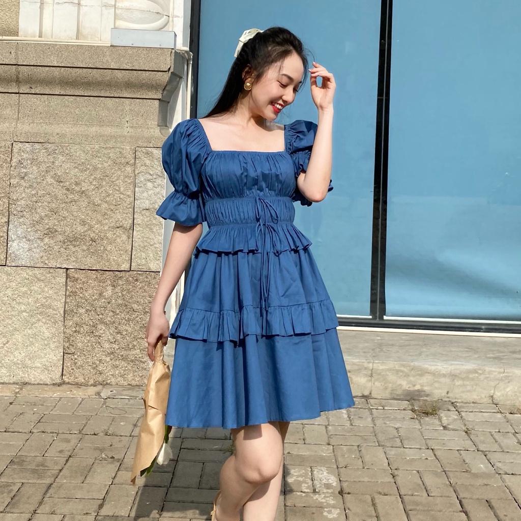 KIOBI – Đầm Artemis form mini ôm ngực, eo nhún thun, tay phồng, tùng xòe lai 2 tầng bèo,vải kate gân xanh - KID2112476XD