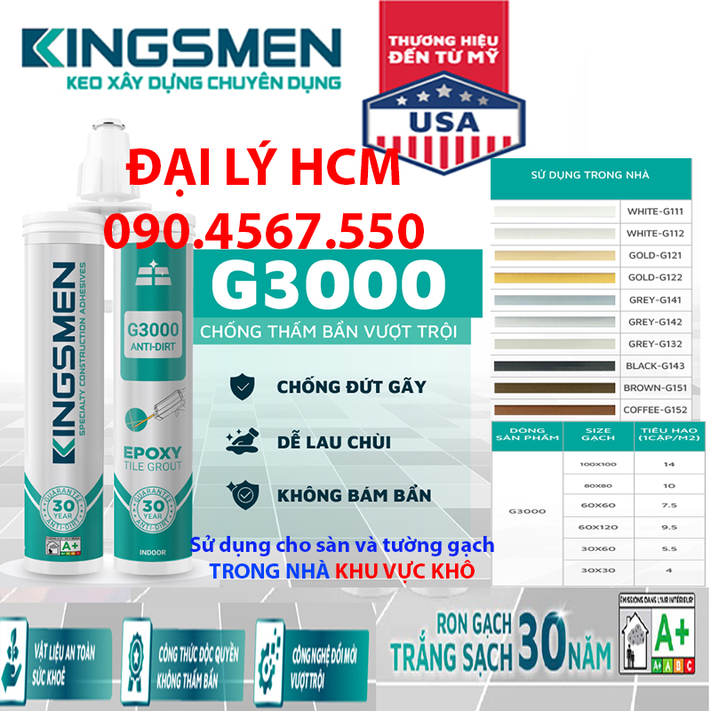 Keo Ron Gạch Epoxy G3000 - Thế Hệ Mới Kingsmen. RON GẠCH TRẮNG SẠCH 30 NĂM - Keo Ron gạch 2 thành phần