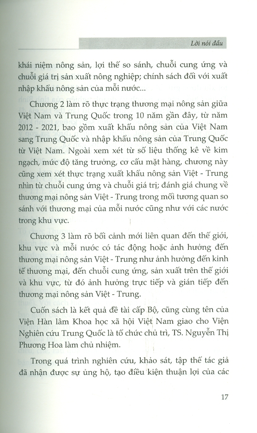 Thương Mại Nông Sản Giữa Việt Nam Và Trung Quốc Trong Bối Cảnh Mới (Sách chuyên khảo) - TS. Nguyễn Thị Phương Hoa (Chủ biên)