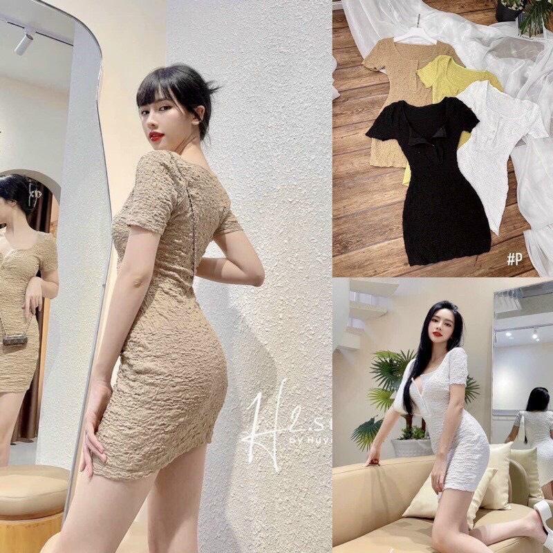 Đầm Body Mini Cổ U Tay Ngắn, Dáng Ôm Ngắn Cổ Cài Cúc Chất Xốp Siêu Mềm D064