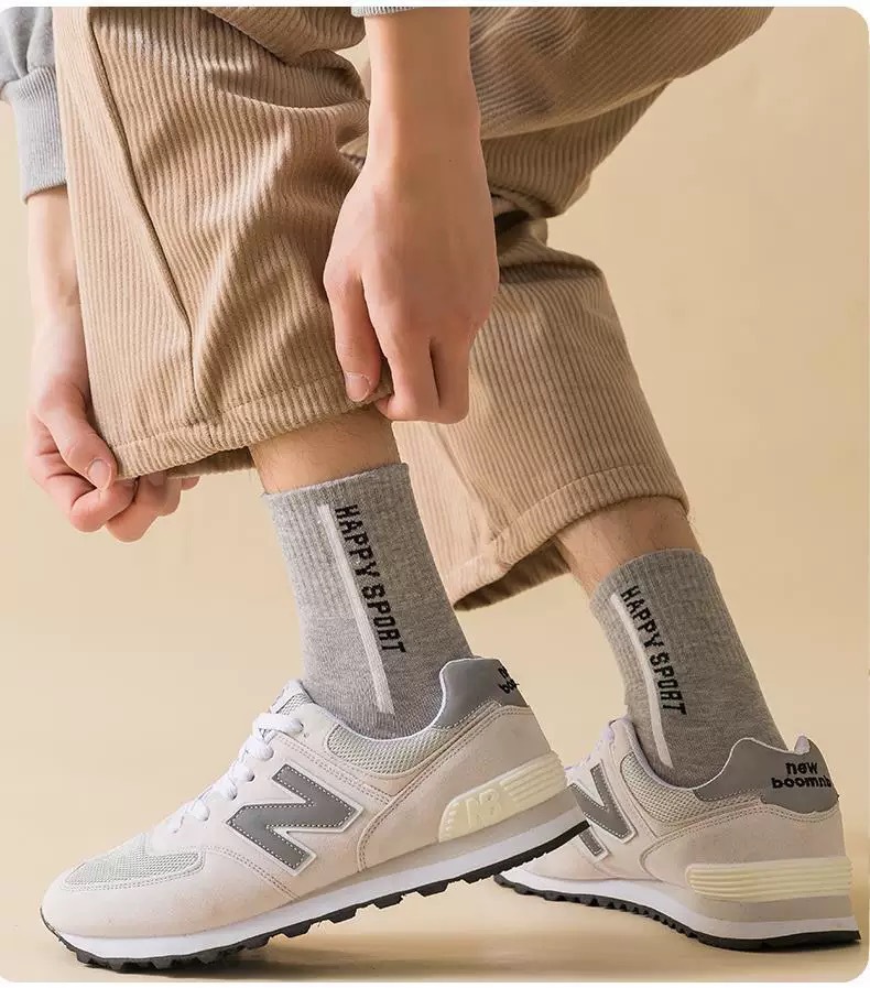 Set 5 đôi tất nam nữ cổ cao Happy Sport, họa tiết vân nổi, chất liệu cotton bền màu hút ẩm