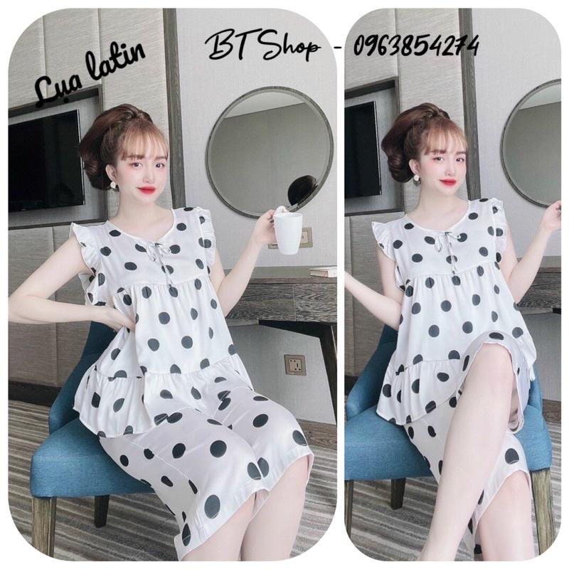 Đồ ngủ mặc nhà lụa latin quần lỡ hoạ tiết freesize 42-57kg