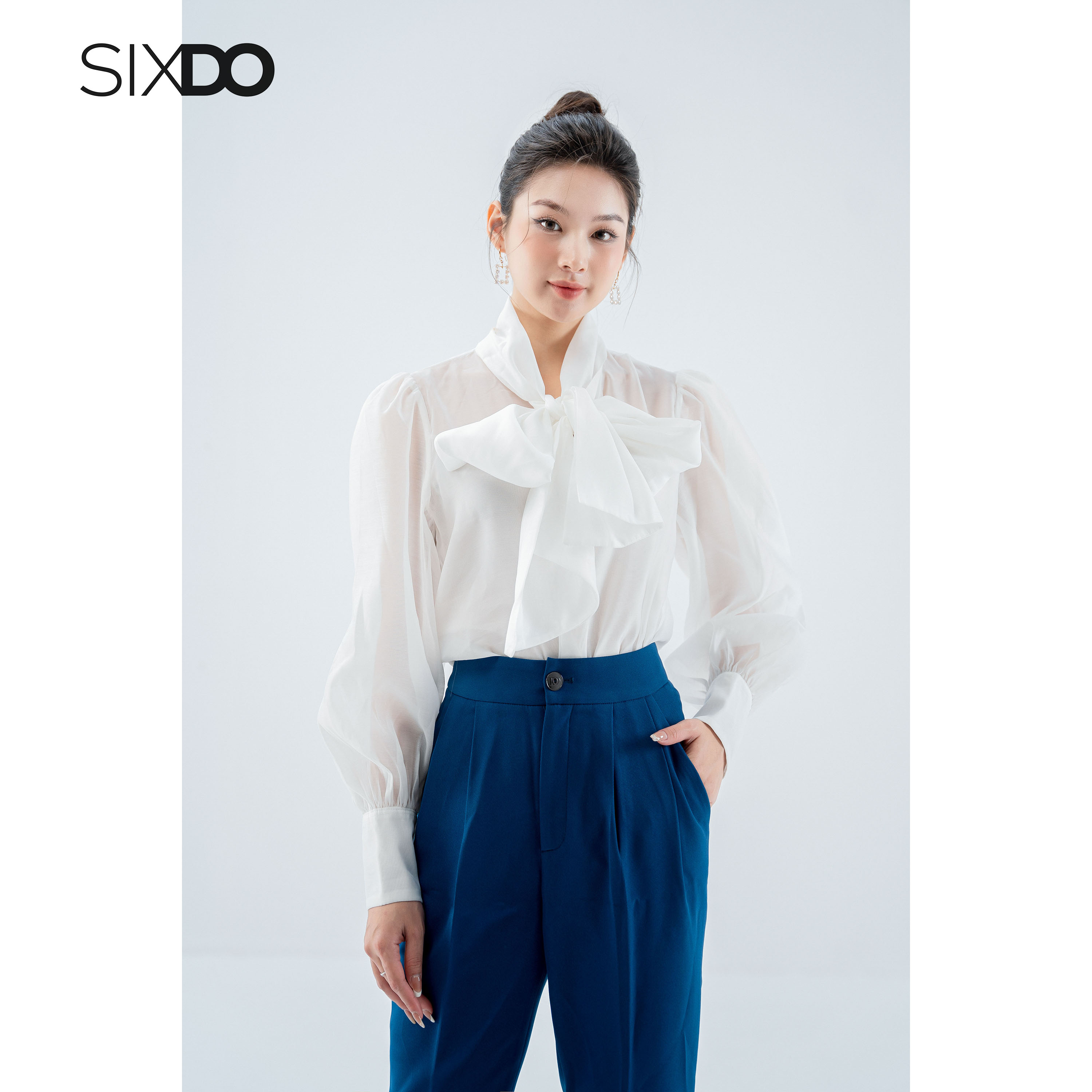 Áo sơ mi nữ tơ tạo kiểu buộc nơ cổ thời trang SIXDO