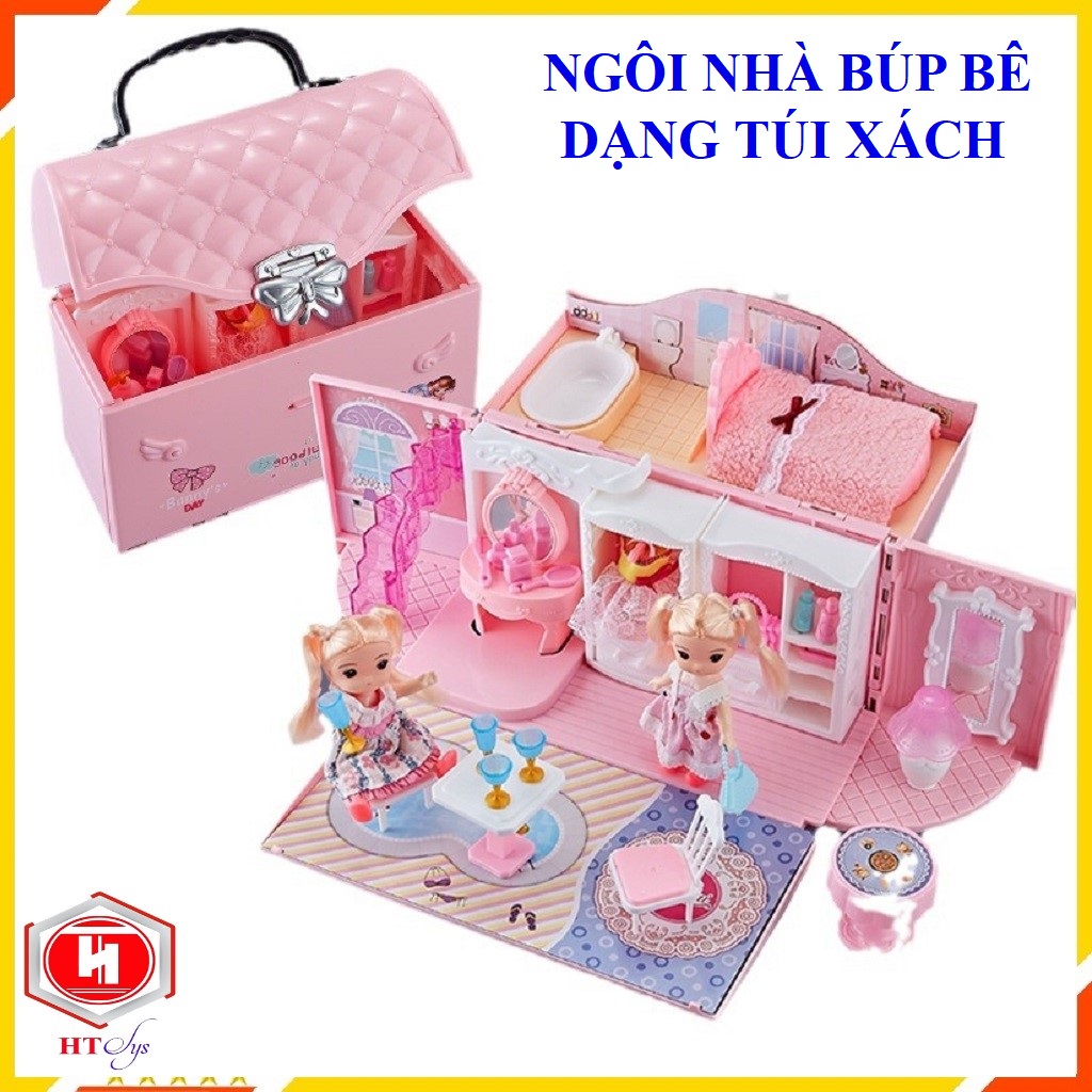 Ngôi Nhà Búp Bê Thiết Kế Dạng Túi Xách Kèm 2 Búp Bê, Đồ Chơi Búp Bê Dễ Thương Cho Bé