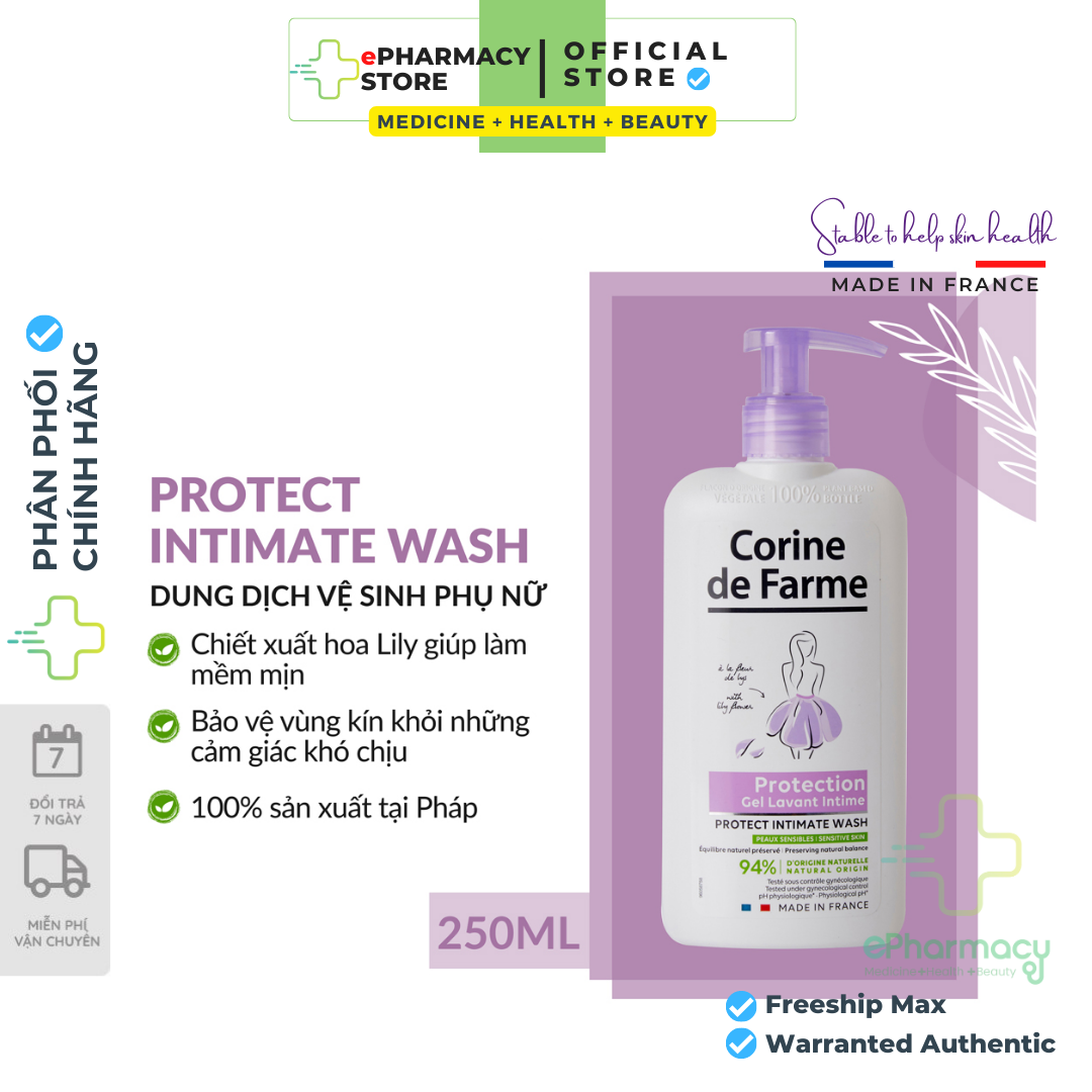 Gel vệ sinh phụ nữ Corine De Farme PROTECT INTIMATE WASH 250ml Làm Sạch Và Giảm Cảm Giác Khó Chịu Vùng Nhạy Cảm