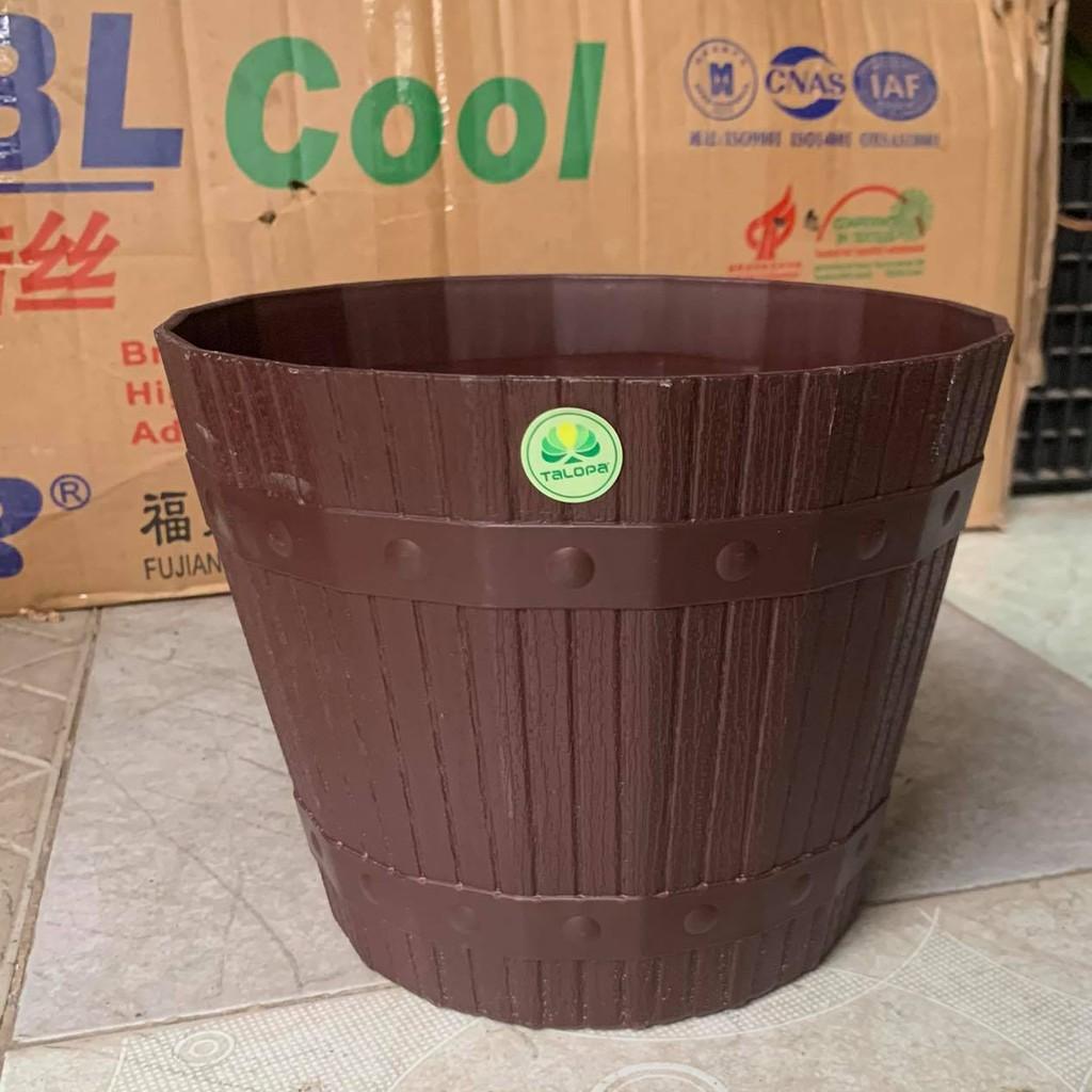 Chậu Nhựa Tròn Kiểu Dáng Thùng Gỗ, Chậu Để Bàn nâu đen