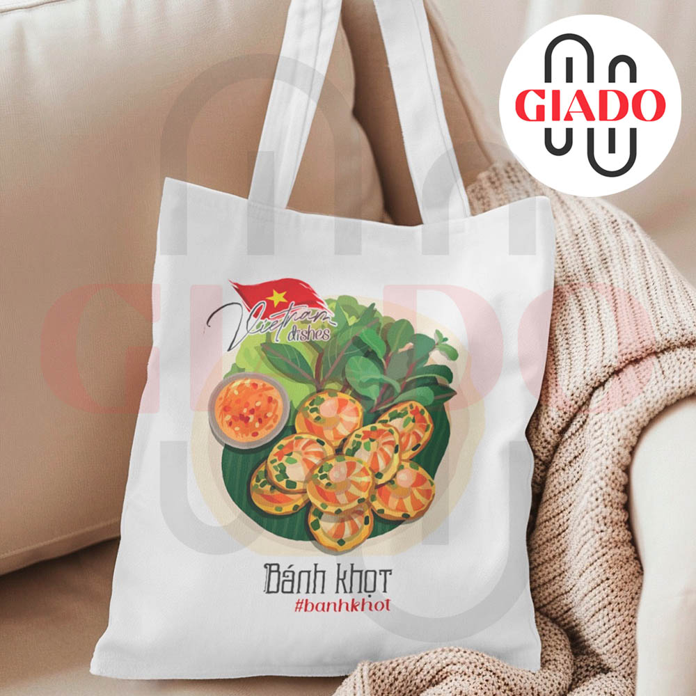 Túi canvas GIADO, túi tote in hình món ăn Việt Nam mẫu Bánh khốt