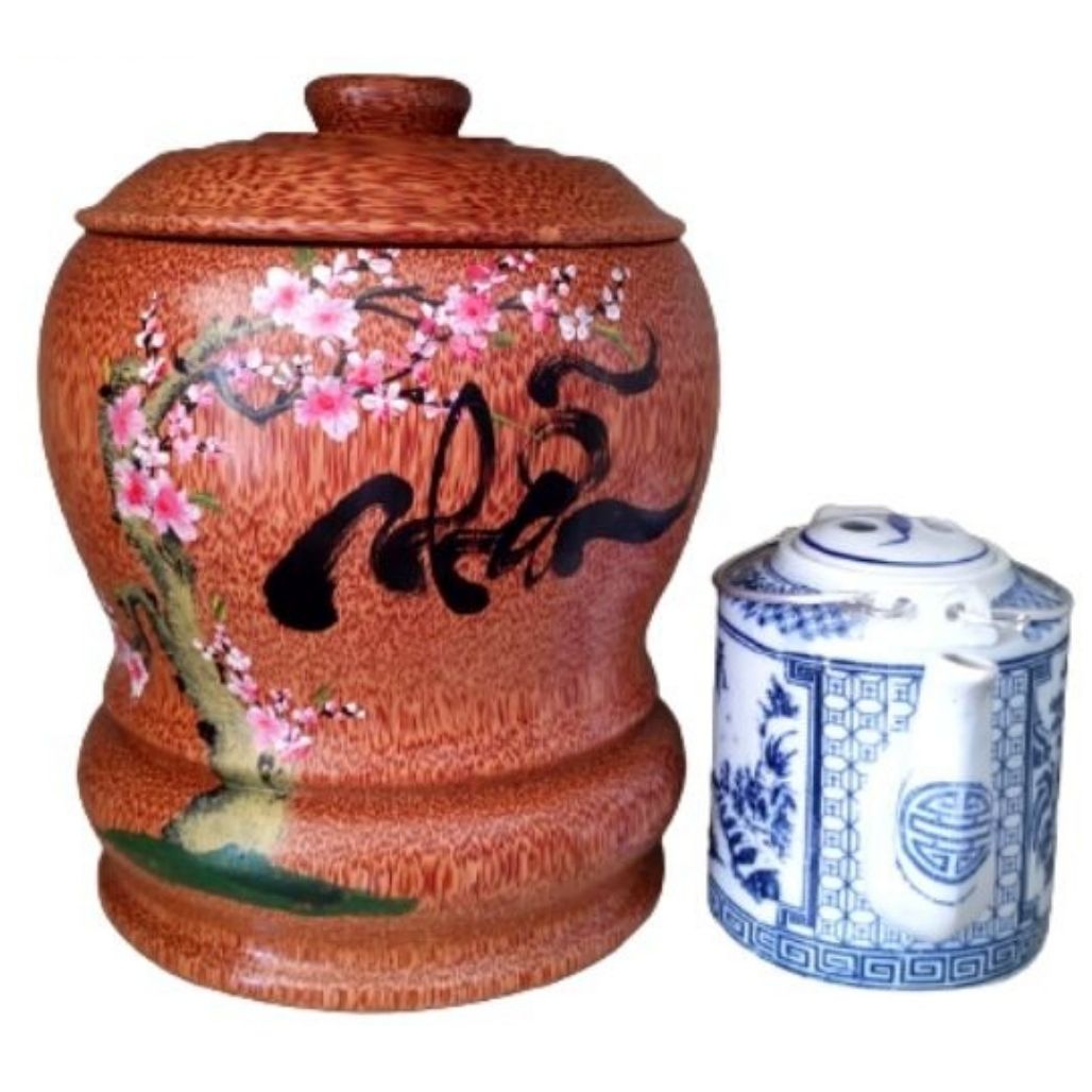 Bình Trà Gỗ Dừa Hoa Văn Lồng Chữ Nhẫn Và Bình Trà 700 - 950ml - Sản Phẩm Được Sản Xuất Tại Bến Tre