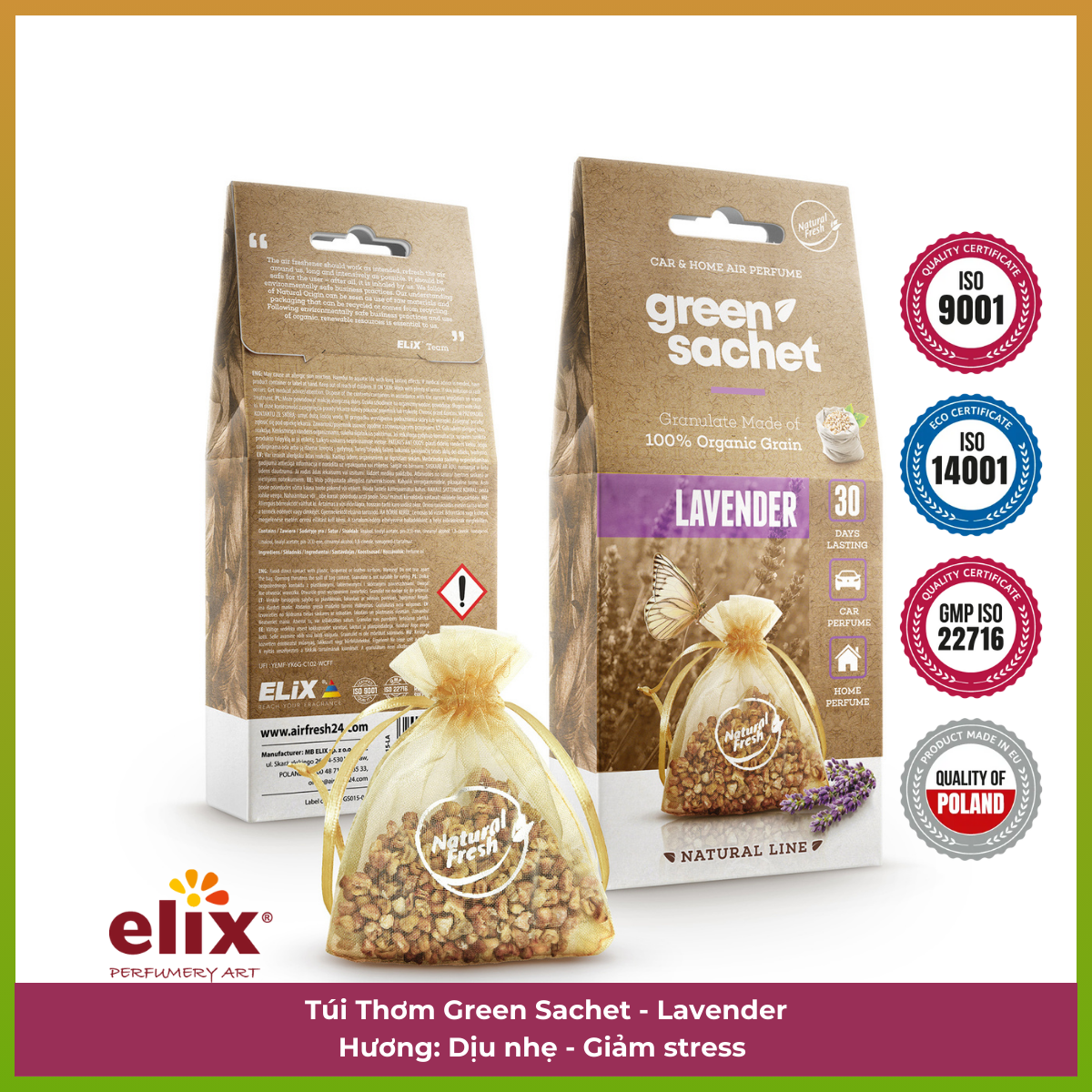 Túi thơm ô tô Elix Green Sachet - hương Lavender (Dịu nhẹ - Tươi mát)