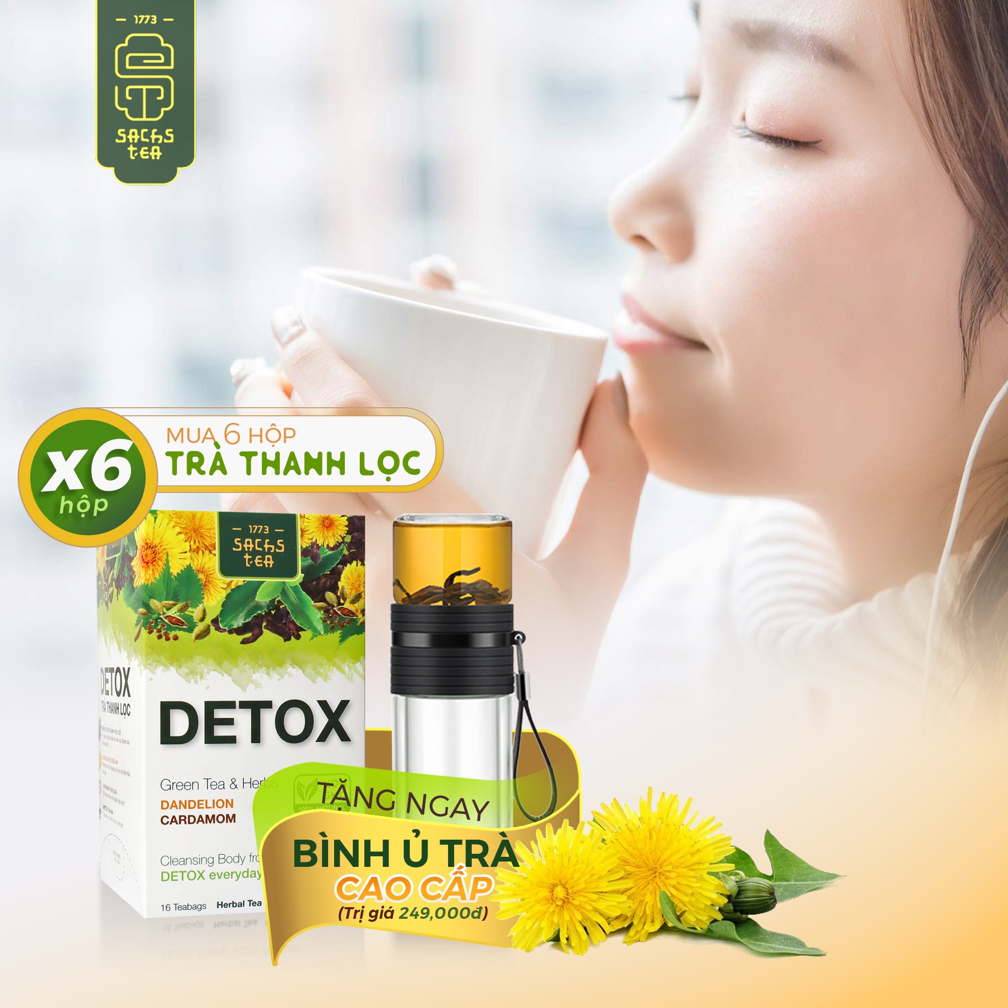 Trà thanh lọc Detox D2021 SACHS TEA 1773 thanh nhiệt, thải độc, mát gan, giúp đẹp da, lợi tiểu thành phần thảo dược tự nhiên 16 túi lọc/hộp