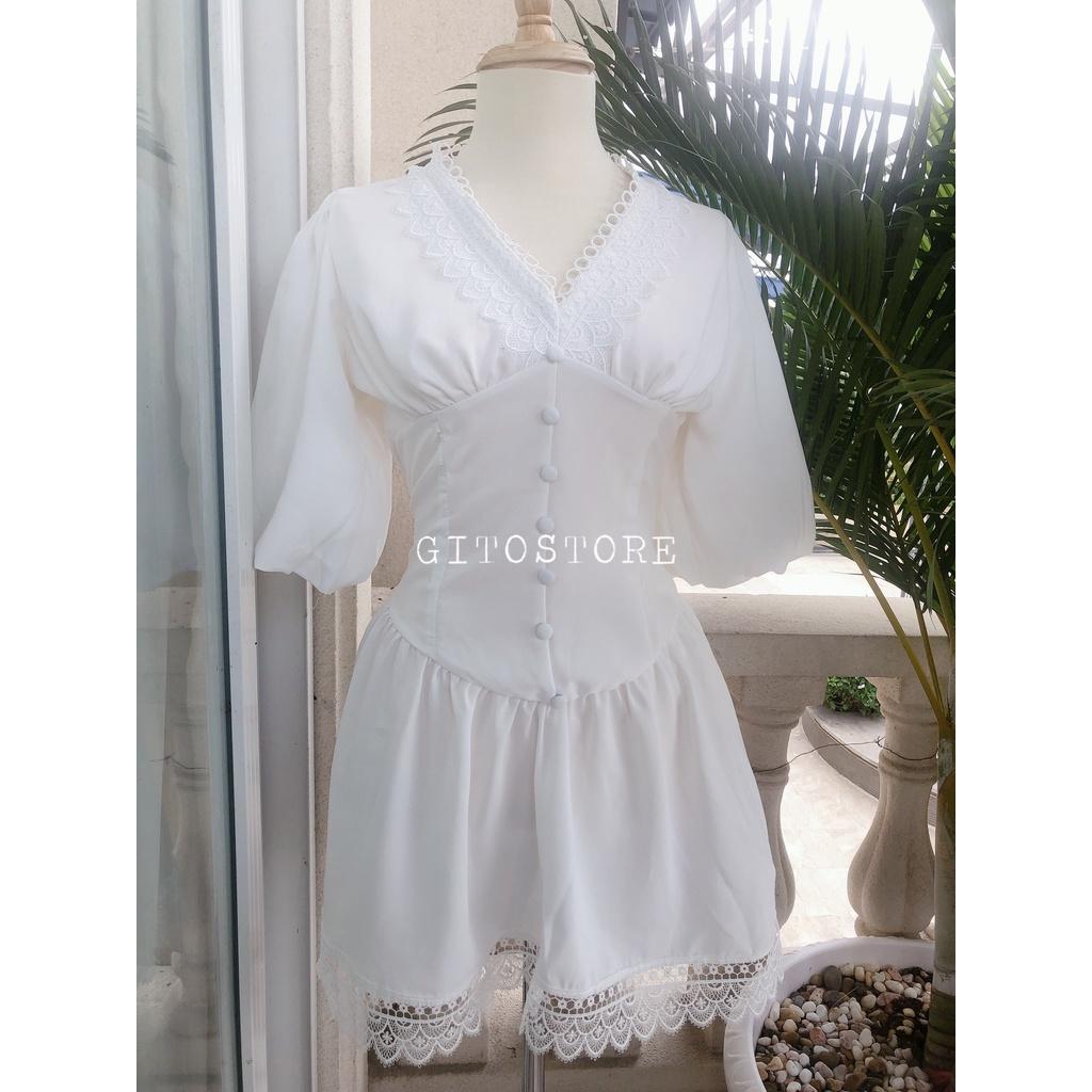 ĐẦM TRẮNG REN TIỂU THƯ - VÁY CỔ TIM NÚT BỌC TAY LỬNG - GD140