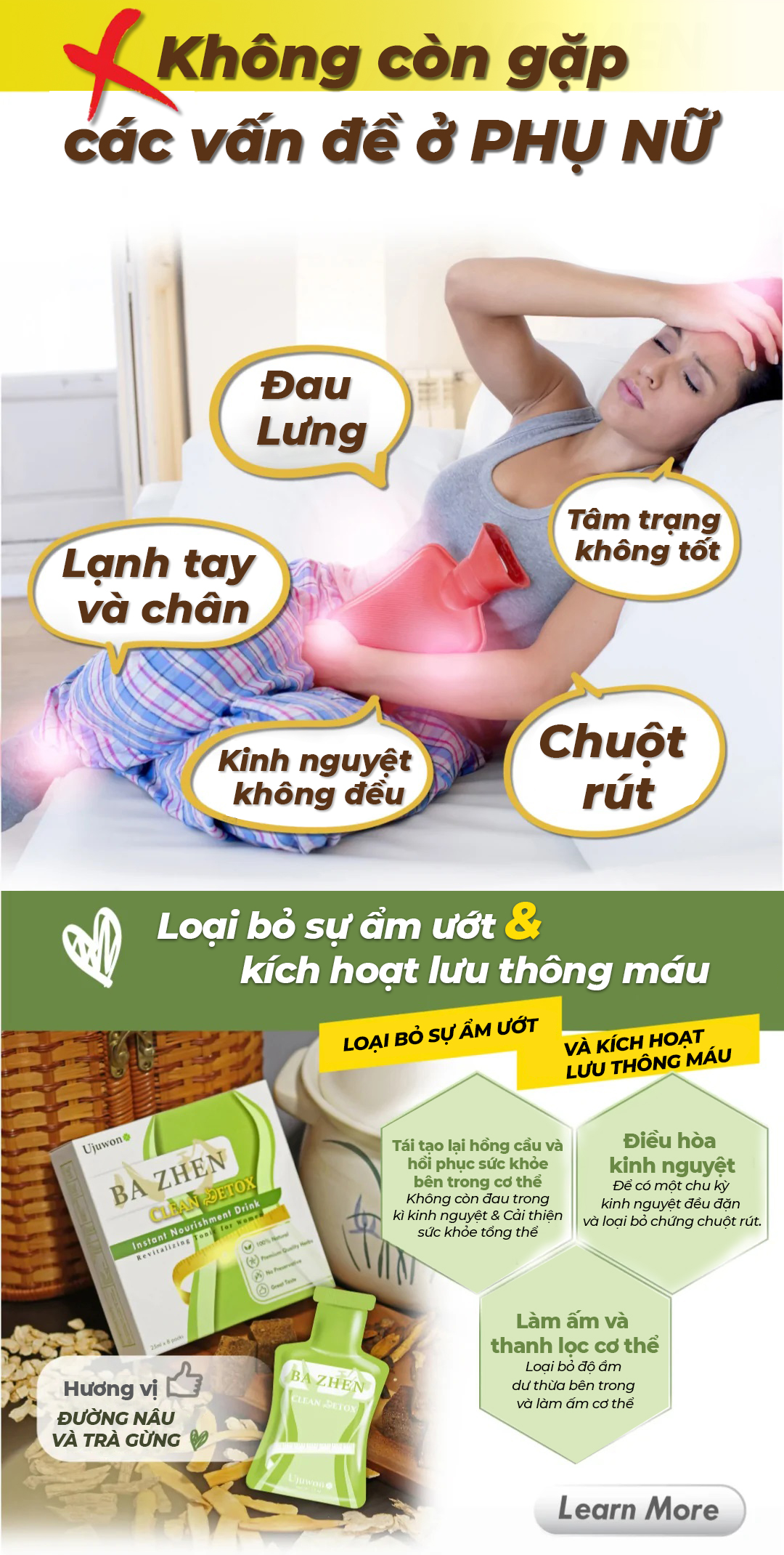 Combo 2 Hộp Nước Uống Thảo Mộc Đài Loan Hỗ Trợ Giảm Đau Bụng Mùa Dâu Rụng, Detox, Dáng Thon, Tăng Kích Cỡ Vòng 1 Ba Zhen Ujuwon