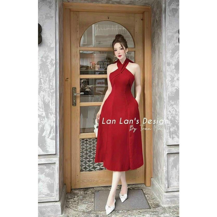 Đầm xòe dự tiệc nữ cổ yếm cột nơ hai màu đầm đỏ đen chất liệu nhung cứng