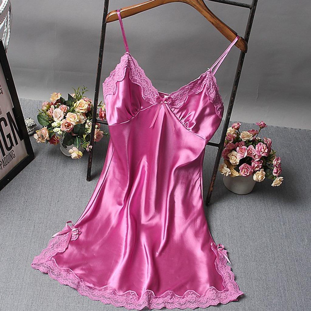 Womens Lingerie Sleepwear Satin Bowknot Lace Slip Dress S