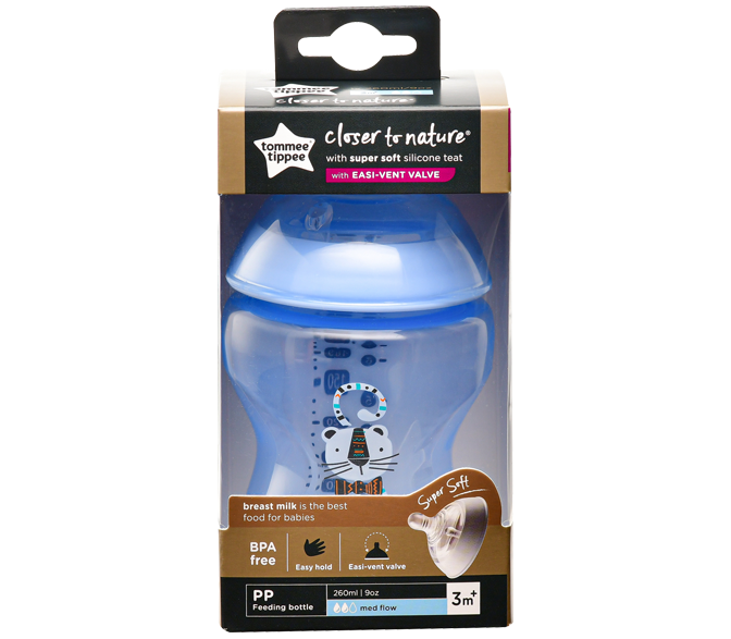 Bình Sữa Ty Siêu Mềm Tự Nhiên Tommee Tippee Closer To Nature 260ml, Núm Ty Của Bình 3-6 Tháng - Xanh Dương