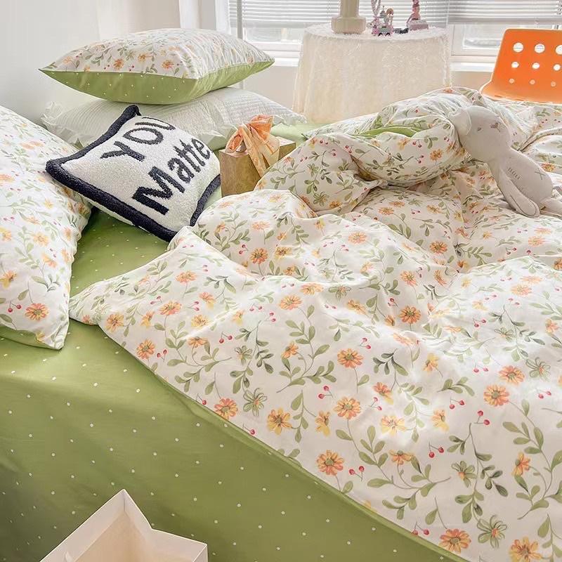 Bộ Chăn Ga Gối Cotton Living Hàng Nhập Khẩu Cao Cấp 4 Món Hoa Xinh Xanh Mát