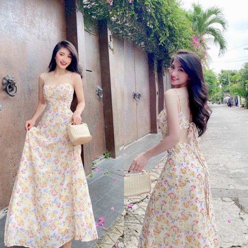 Đầm maxi cột nơ lưng đi biển xinh yêu chất voan hoa có lót và sẵn bra ngực TRIPBLE T DRESS - size M/L - MT1