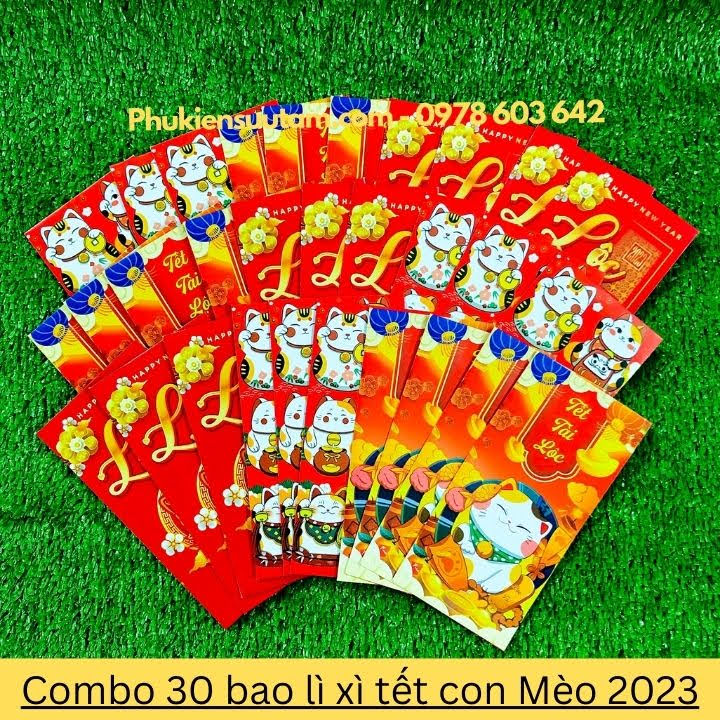 Combo 30 Bao Lì Xì Tết Con Mèo 2023, kích thước: 16cmx8cm, màu đỏ - SP005432