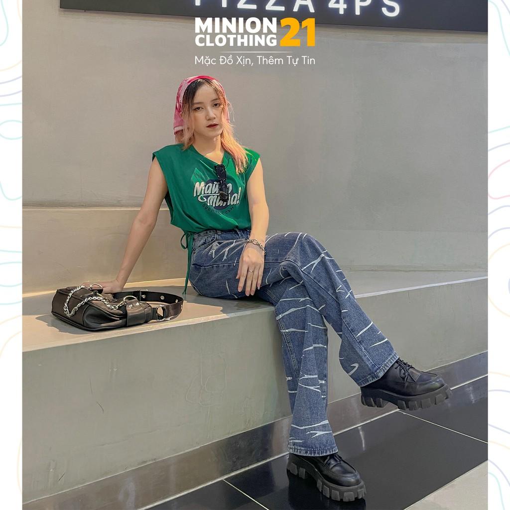 Quần jeans ống rộng sọc ngang ngựa vằn MINION CLOTHING lưng cạp cao bò Unisex nam nữ Ulzzang chất jean dày Q8605