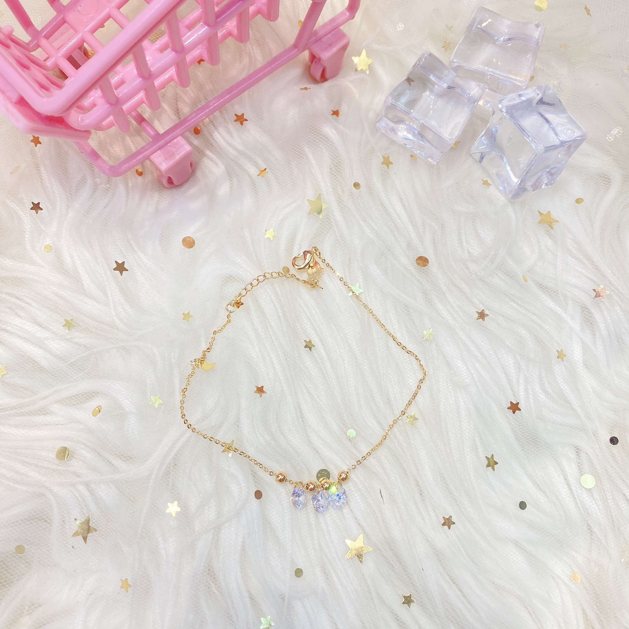 Lắc chân nữ thời trang xi cao cấp màu vàng lợt dây nhuyễn kiểu hình 3 hột đá lấp lánh siêu đáng yêu - 210LC3HOTVL01