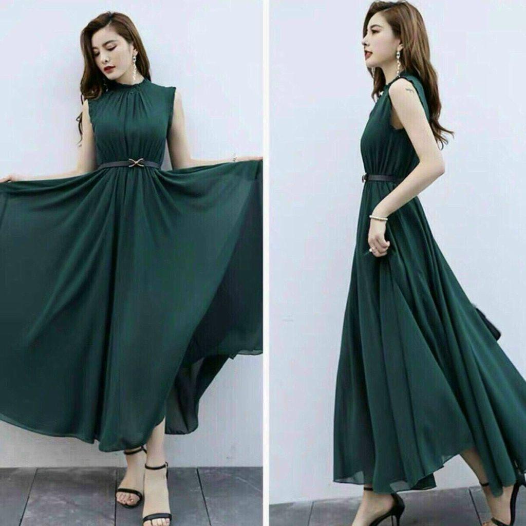 Đầm Maxi Cổ Trụ, Kèm Belt Thắt Eo, Màu Xanh Siêu Đẹp, Tôn Da, Sang Trọng