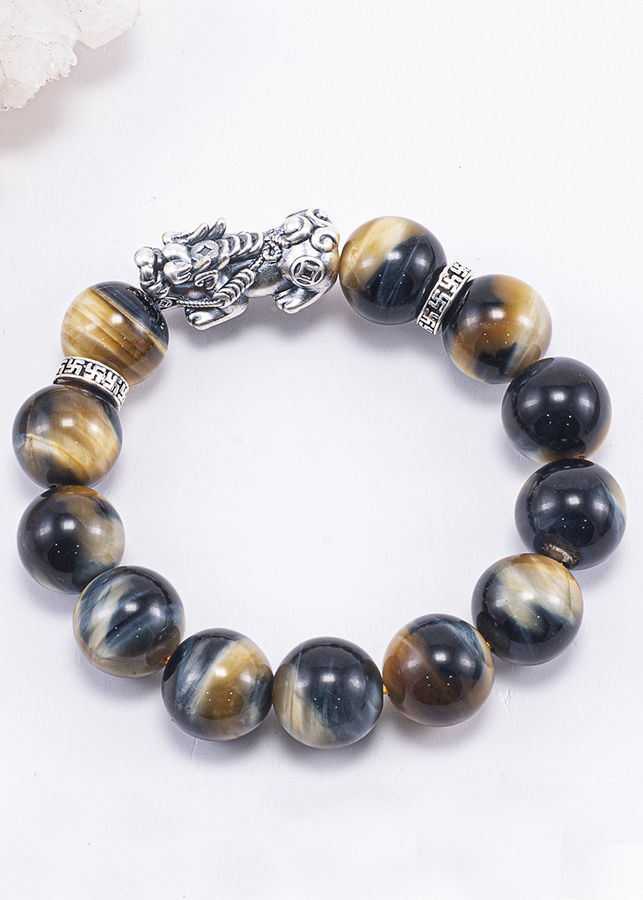 Vòng Tay Phong Thủy Nam Đá Mắt Chim Ưng Phối Charm Tỳ Hưu Bạc  Mệnh Thủy, Mộc Ngọc Quý Gemstones