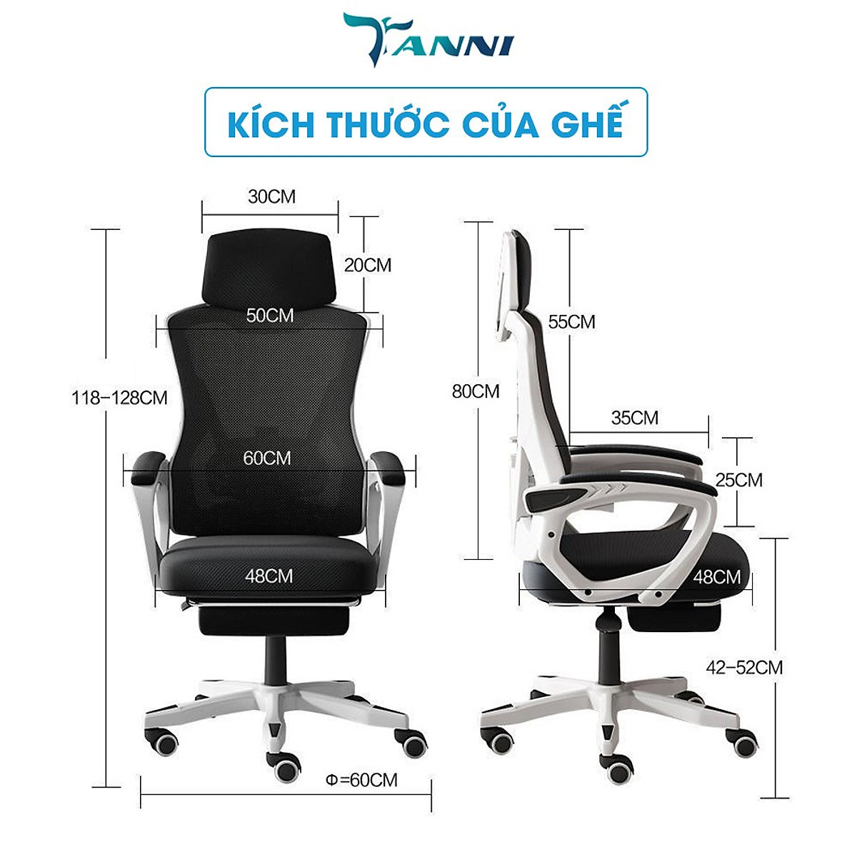 Ghế Công Thái Học Ergonomic Có Ngả Lưng Gác Chân TANNI Premium 02 Plus, Ghế Xoay Văn Phòng Gaming Cao Cấp Nhập Khẩu