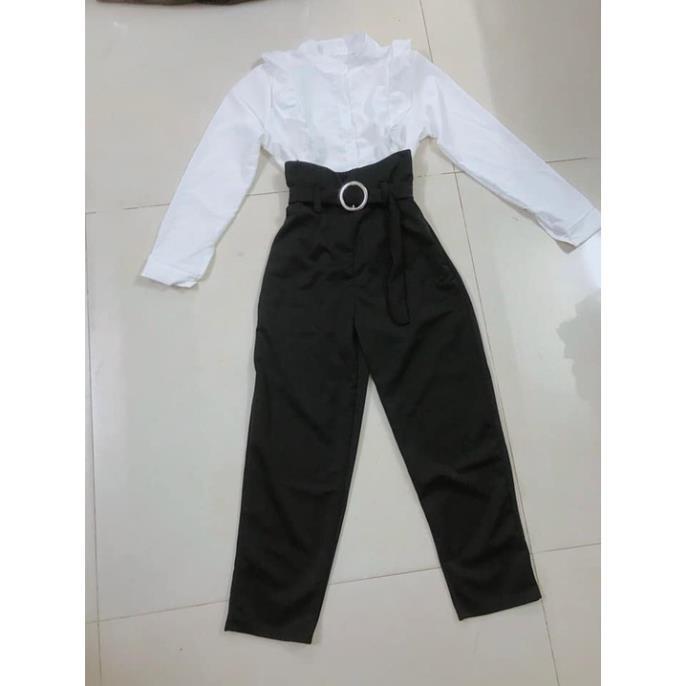 TBL-Set bộ thời trang nữ áo sơ mi trắng dài tay kèm quần suông kate đen phong cách nữ sinh, thời thượng